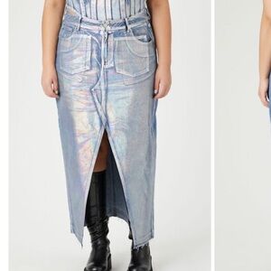 Forever 21 Women's Plus Size 1X Iridescent‎ Denim Maxi Skirt Front Leg Slit